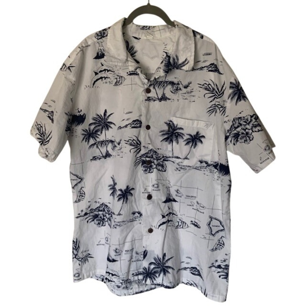 Palmwave Hawaii Cotton Shirt XL White Blue Island Print Resortwear Dadcore EUC